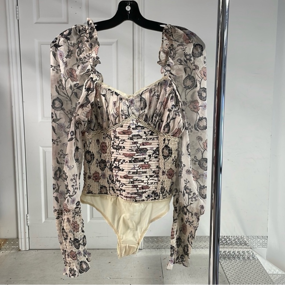 Free People Brunch Date Top - Floral Mesh Long Sleeve Bodysuit